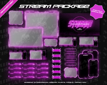 Pacote de transmissão animada NeonPink / Neon / Cyber /Sci-fi / Twitch Overlay / 4 x Animate InterMission / Alertas animados / Telas animadas /