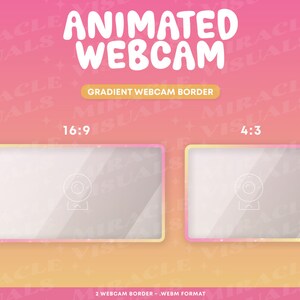 Könnte beinhalten: Zwei animierte Webcam-Rahmen mit einem Farbverlaufshintergrund. Die Rahmen sind im Format 16:9 und 4:3. Der Text "ANIMATED WEBCAM" befindet sich oben im Bild. Der Text "GRADIENT WEBCAM BORDER" befindet sich unter dem Titel. Der Text "16:9" und "4:3" befindet sich unter den Rahmen. Der Text "2 WEBCAM BORDER - WEBM FORMAT" befindet sich unten im Bild.