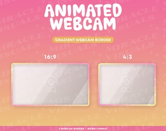 Könnte beinhalten: Zwei animierte Webcam-Rahmen mit einem Farbverlaufshintergrund. Die Rahmen sind im Format 16:9 und 4:3. Der Text "ANIMATED WEBCAM" befindet sich oben im Bild. Der Text "GRADIENT WEBCAM BORDER" befindet sich unter dem Titel. Der Text "16:9" und "4:3" befindet sich unter den Rahmen. Der Text "2 WEBCAM BORDER - WEBM FORMAT" befindet sich unten im Bild.