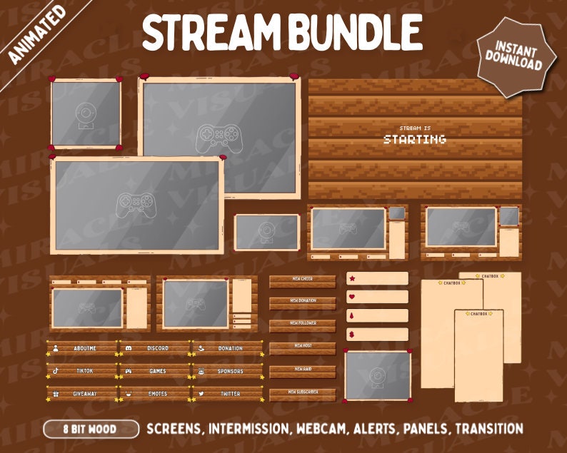 Animated Stream Package 8 Bit Wood Theme / Wood Theme / Twitch Overlay ...