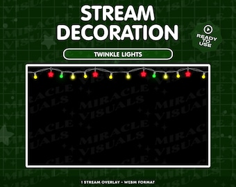 Könnte beinhalten: Ein schwarzer Bildschirm mit einer Lichterkette in Rot, Gelb und Grün. Die Lichter sind oben auf dem Bildschirm angebracht. Der Text "STREAM DECORATION" befindet sich oben auf dem Bildschirm, und der Text "TWINKLE LIGHTS" befindet sich in einem weißen Rechteck in der Mitte des Bildschirms. Der Text "1 STREAM OVERLAY - WEBM FORMAT" befindet sich unten auf dem Bildschirm.