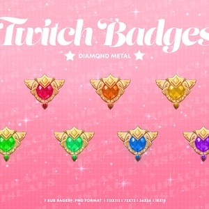 Könnte beinhalten: Sieben Twitch-Kanal-Abonnenten-Badges mit einem Diamant-Metall-Design. Die Badges zeigen einen herzförmigen Edelstein in verschiedenen Farben: Rot, Orange, Gelb, Grün, Blau, Lila und Pink. Die Badges sind vor einem rosa Hintergrund mit weißen Sternen platziert.