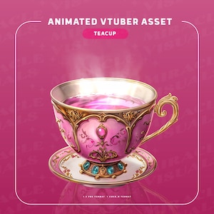 May include: A pink teacup with gold trim and a saucer. The teacup is filled with pink liquid and has steam rising from it.