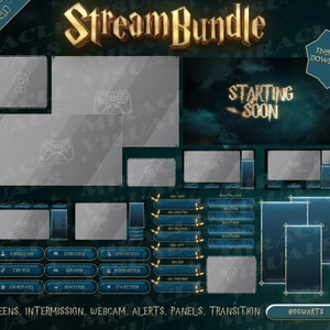Puede incluir: Un paquete de superposición de transmisión de Twitch animado azul y dorado con el texto "Stream Bundle" y "Hogwarts". La superposición incluye pantallas, intermisión, cámara web, alertas, paneles y una transición.