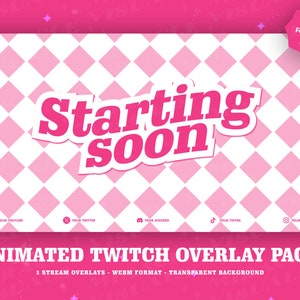 3 Animated AnimeStyle Shocking Pink Twitch overlays / Pastel  / Screens For Twitch / Starting Soon / BeRightBack / Currently Offline/