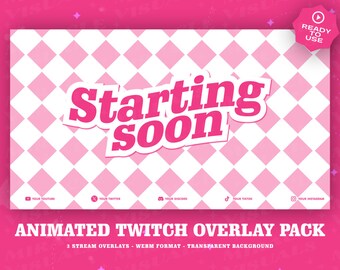 3 Animated AnimeStyle Shocking Pink Twitch overlays / Pastel  / Screens For Twitch / Starting Soon / BeRightBack / Currently Offline/