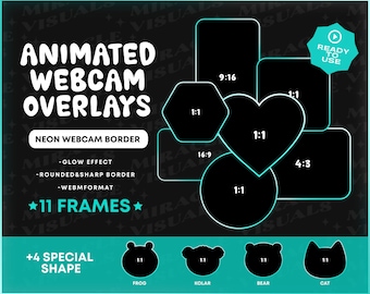 Peut inclure: Superpositions de webcam animées avec des bordures néon dans différentes formes, notamment un cercle, un cœur, un carré et un hexagone. Le texte "11 Frames" et "+4 Special Shape" est affiché sur l'image.