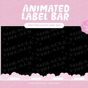 Puede incluir: Barra de etiquetas animada con un diseño de nube rosa suave. La barra presenta un fondo negro con el texto "Miracle Visuals" repetido en un patrón. El texto "Listo para usar" se muestra en un círculo rojo con un icono de botón de reproducción.