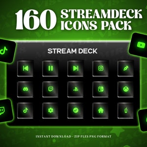 Puede incluir: Un Stream Deck negro con 160 iconos verdes. Los iconos incluyen plataformas de redes sociales, consolas de juegos y otras herramientas de transmisión. El texto "STREAM DECK" se muestra en el dispositivo. El texto "160 STREAMDECK ICONS PACK" se muestra encima del dispositivo.