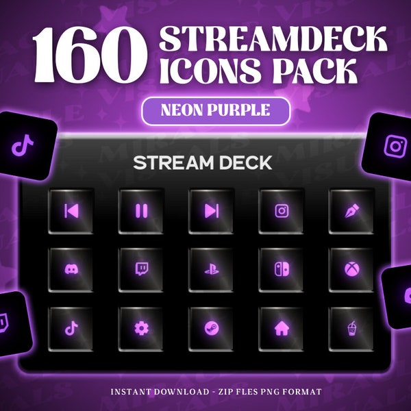 160 NeonPurple Streamdeck Icon Set | 160 Neon Purple Icon Pack voor Elgato Steamdeck | Neon | Streamers | Streaming | | Trekken