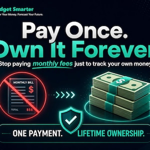 Pode incluir: Gr&aacute;fico com o texto "Pague uma vez. Tenha para sempre." e o logotipo "Budget Smarter". Mostra uma pilha de dinheiro, uma conta riscada e um escudo com uma marca de verifica&ccedil;&atilde;o. O texto enfatiza a propriedade vital&iacute;cia.