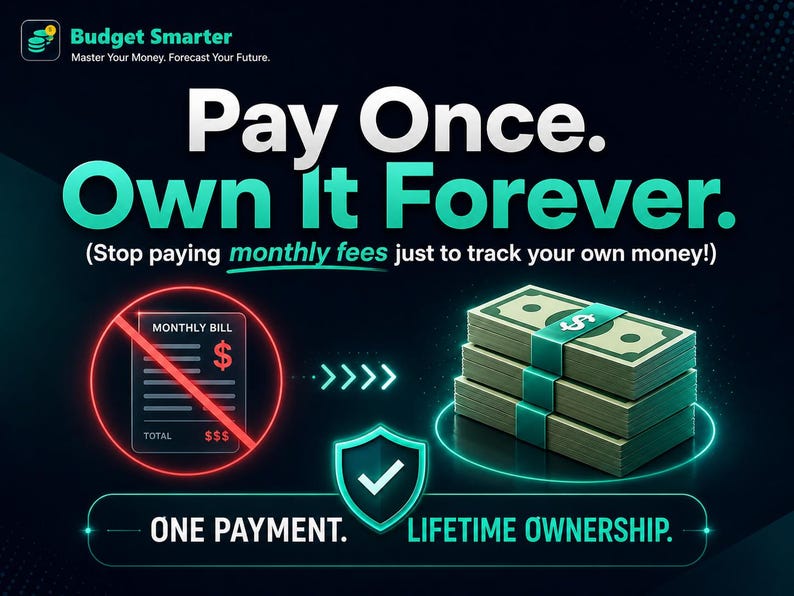 Pode incluir: Gr&aacute;fico com o texto "Pague uma vez. Tenha para sempre." e o logotipo "Budget Smarter". Mostra uma pilha de dinheiro, uma conta riscada e um escudo com uma marca de verifica&ccedil;&atilde;o. O texto enfatiza a propriedade vital&iacute;cia.