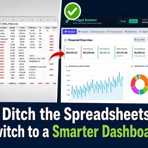 Pode incluir: Imagem que compara uma planilha a um painel. A planilha mostra dados financeiros em formato de tabela. O painel exibe informa&ccedil;&otilde;es financeiras com gr&aacute;ficos. O texto na parte inferior diz: "Ditch the Spreadsheets. Switch to a Smarter Dashboard."