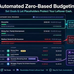 Pode incluir: Interface digital para or&ccedil;amenta&ccedil;&atilde;o automatizada de base zero, com se&ccedil;&otilde;es para o progresso das metas por categoria, incluindo compras e refei&ccedil;&otilde;es fora de casa. A interface exibe dados financeiros e o texto "Set Goals & Let Placeholders Protect Your Leftover Cash."