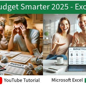 Puede incluir: Se muestra a una pareja en dos escenas diferentes. A la izquierda, están estresados y abrumados por el papeleo. A la derecha, están sonriendo y usando una computadora portátil con una hoja de cálculo en la pantalla. El texto en la pantalla dice "BUDGETING". El texto en la imagen dice "Budget Smarter 2025 - Excel" y "Tutorial de YouTube" y "Microsoft Excel".