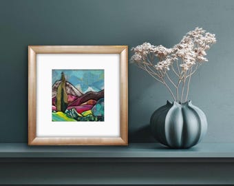 Handgemaakt Kinusaiga textielkunstwerk, kleurrijk abstract landschap