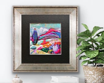 Handgemaakt Kinusaiga textielkunstwerk, kleurrijk abstract landschap
