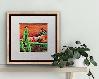 Handgemaakt Kinusaiga textielkunstwerk, kleurrijk abstract landschap