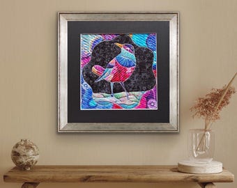 Handgemaakt Kinusaiga textielkunstwerk, kleurrijke abstracte vogel