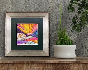 Handgemaakt Kinusaiga textielkunstwerk, kleurrijk abstract landschap