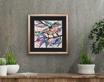 Handgemaakt Kinusaiga textielkunstwerk, kleurrijke abstracte vogel