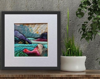 Handgemaakt Kinusaiga textielkunstwerk, kleurrijk abstract landschap