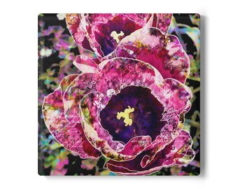 Kleurrijke keramische onderzetter met bloemenillustratie | Abstracte klaprooskunst met donkere achtergrond