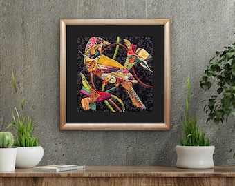 Handgemaakt Kinusaiga textielkunstwerk, kleurrijke abstracte vogel