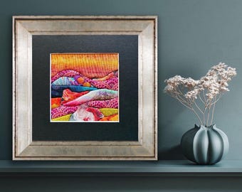 Handgemaakt Kinusaiga textielkunstwerk, kleurrijk abstract landschap