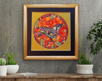 Handgemaakt Kinusaiga textielkunstwerk, kleurrijke abstracte vogel