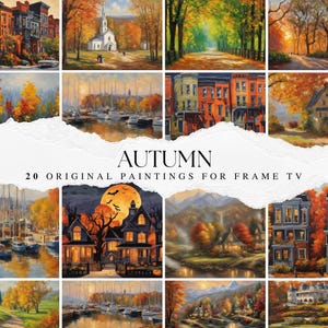 Könnte beinhalten: Eine Collage aus 12 Originalgemälden, die Herbstmotive zeigen. Die Gemälde zeigen farbenfrohe Herbstlaub, Häuser und Landschaften. Der Text "AUTUMN 20 ORIGINAL PAINTINGS FOR FRAME TV" ist auf weißem Hintergrund dargestellt.