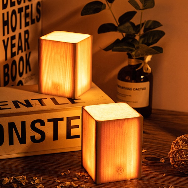 Wooden Bedside Sensor Night Light - Wooden Night Light, Creative Gift, Little Wood Lamp, Cute Cube lamp, Small Desk light, Ambient Light
