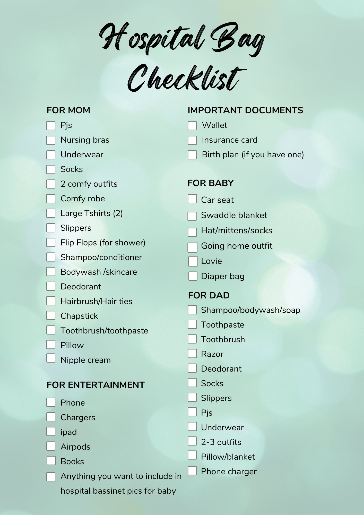 Hospital Bag Checklist Printable Australia