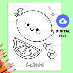 Adorable Lemon Coloring Page for Kids, Girl, Boy, Printable, Kawaii Drawing, Fruit Coloring Worksheet sheets Cute Digital Instant Download