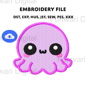Cartoonish Octopus Cute Kawaii Purple Machine Embroidery Design - PES/DST/JEF Pattern Formats  - Instant Download File