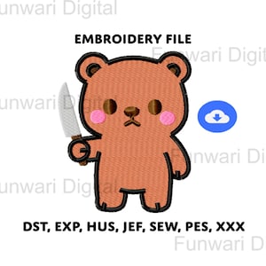 Bear with Knife Animal Cartoon Machine Embroidery Design Cute Kawaii Silly Digitized Pattern, Instant Digital Download Chibi Embroidery File