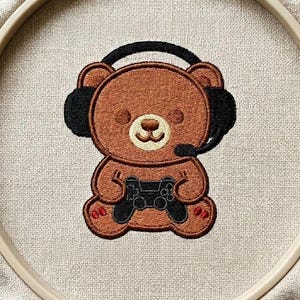 Kawaii Gamer Bear Embroidery Design, Cartoon Animal (Digital Download)