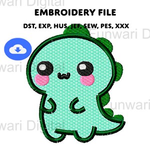 Green Dino Cute Machine Embroidery Design - PES/DST/JEF Pattern Formats - Trendy Kawaii Instant Download File