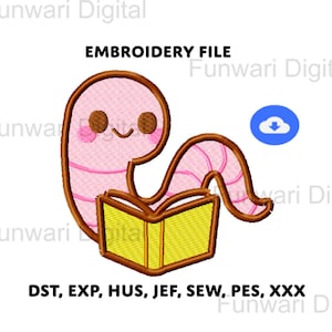 Cute Worm Reading A Book Bookworm Cartoon Machine Embroidery Design Cute Kawaii Digitized Pattern, Instant Digital Download, Embroidery File