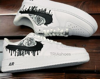 Custom sneakers . Air Force 1 Custom Rose Black Drips . roses custom sneakers .  drips custom . personalized gifts for her - TRIA004