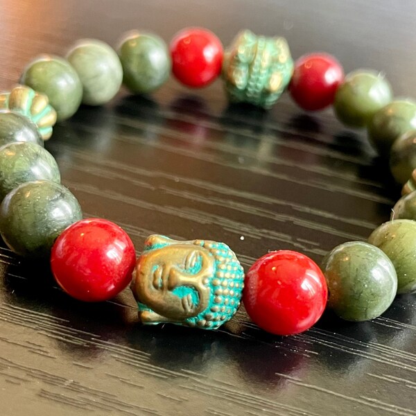 Jade Buddha bracelet with coral accents