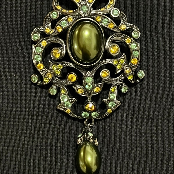 Joan Rivers Faberge Bow Green Pearl Drop Brooch