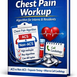 May include: A blue medical textbook titled Chest Pain Workup: Algorithm for Interns & Residents. The cover features a clipboard with a chest pain algorithm, a red heart with an EKG line, a vial labelled Troponin, a notepad, and a stethoscope.