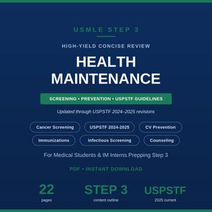 Pode incluir: Um documento educativo azul-escuro intitulado USMLE STEP 3 HIGH-YIELD CONCISE REVIEW HEALTH MAINTENANCE. Inclui secções sobre rastreio, prevenção, diretrizes USPSTF, rastreio de cancro, imunizações e aconselhamento para estudantes de medicina.