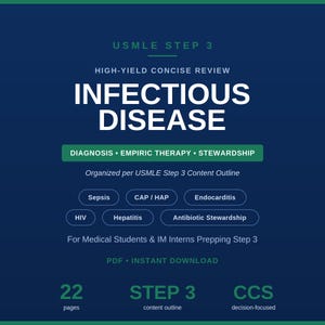 Puede incluir: Una guía de estudio digital titulada USMLE STEP 3 HIGH-YIELD CONCISE REVIEW INFECTIOUS DISEASE. El documento azul oscuro presenta acentos de texto en verde, enumerando temas como Sepsis, CAP/HAP, Endocarditis, HIV, Hepatitis y Antibiotic Stewardship.