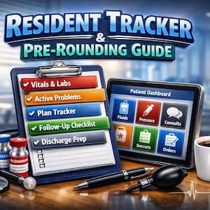 May include: A Resident Tracker & Pre-Rounding Guide clipboard with a checklist including Vitals & Labs, Active Problems, Plan Tracker, Follow-Up Checklist, and Discharge Prep. Beside it is a tablet with a Patient Dashboard, a stethoscope, two small medicine vials, a black pen, a blood pressure bulb, and a white coffee mug.