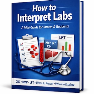 以下が含まれることがあります： How to Interpret Labs: A Mini-Guide for Interns & Residentsというタイトルの青い本。表紙には、チェックマークの付いたクリップボード、赤い液体の入った試験管、肝臓のアイコン、LFT棒グラフ、青い聴診器が描かれています。