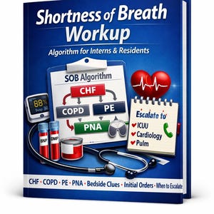 May include: A medical reference book titled Shortness of Breath Workup: Algorithm for Interns & Residents. The blue cover features a stethoscope, a pulse oximeter, blood vials, a heart icon, and a clipboard displaying a clinical diagnostic algorithm.