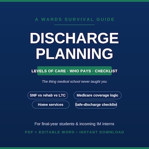 May include: A dark blue digital guide titled A WARDS SURVIVAL GUIDE DISCHARGE PLANNING. It includes sections on levels of care, who pays, and a checklist. Additional text covers SNF vs rehab vs LTC, Medicare coverage logic, home services, and a safe-discharge checklist for final-year students and incoming IM interns.