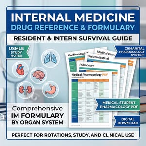 Könnte beinhalten: Internal Medicine Drug Reference & Formulary Resident & Intern Survival Guide als digitaler Download. Enthält USMLE-Lernnotizen, das Chmanital Pharmacology System und medizinische Pharmakologie-PDF-Tabellen, sortiert nach Organsystemen mit anatomischen Symbolen.